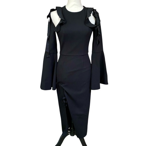 Rebecca Vallance Gigi Black Ruffle Cold Shoulder Midi Dress Size 2 - Picture 4 of 16